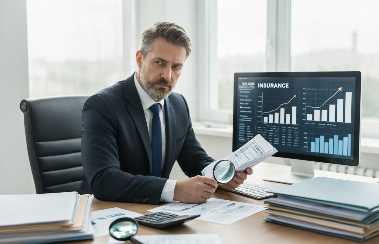 Create a realistic image of a professional white male insurance agent in a business suit sitting at a modern office desk with financial documents, calculator, and computer screen displaying cost analysis charts, with stacks of insurance policy folders and a magnifying glass examining premium rate tables, set in a clean corporate office environment with natural lighting from windows, conveying a serious and analytical business atmosphere. Absolutely NO text should be in the scene.
