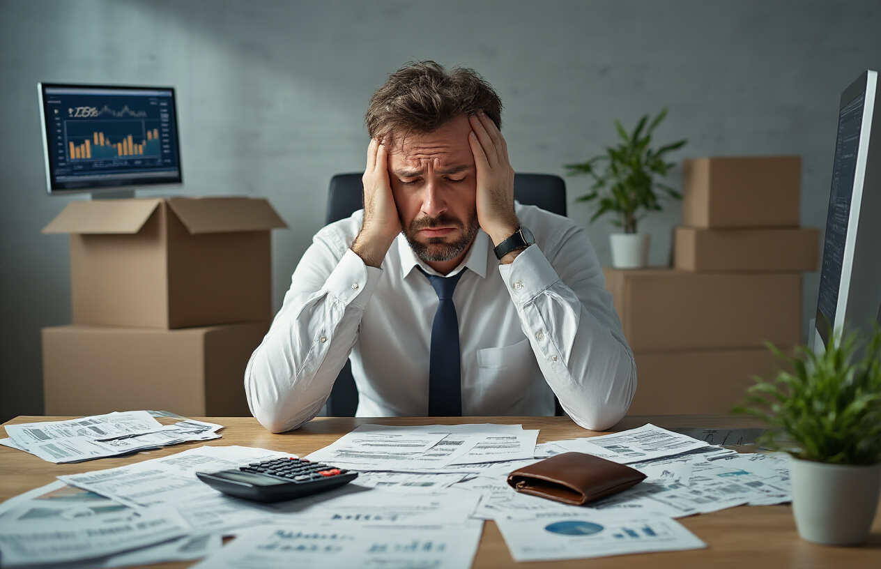 Create a realistic image of a stressed white male business owner in his 40s sitting at a cluttered office desk with unpaid bills, invoices, and financial documents scattered around, a calculator showing negative numbers, an empty wallet lying open, and a computer screen displaying declining cash flow charts, with dim overhead lighting creating shadows across his worried face as he holds his head in his hands, surrounded by boxes suggesting business struggles, with a small potted plant wilting in the background symbolizing a struggling business, absolutely NO text should be in the scene.