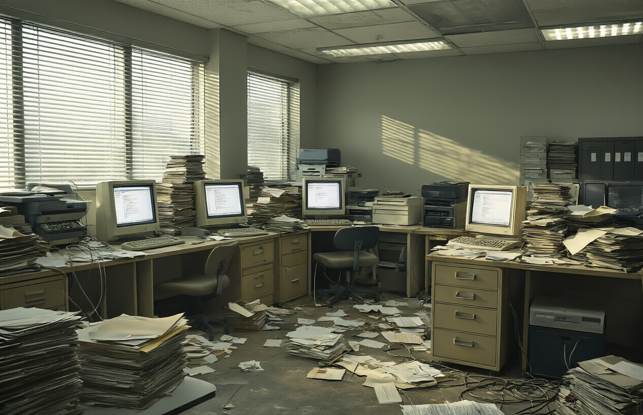 Create a realistic image of an outdated office environment with old computer monitors displaying slow-loading screens, stacks of paper documents scattered across desks, vintage filing cabinets overflowing with folders, tangled cables, and obsolete equipment like fax machines and dot-matrix printers, all covered in a light layer of dust, with dim fluorescent lighting casting shadows that emphasize the cluttered and inefficient workspace, conveying a sense of stagnation and technological lag. Absolutely NO text should be in the scene.