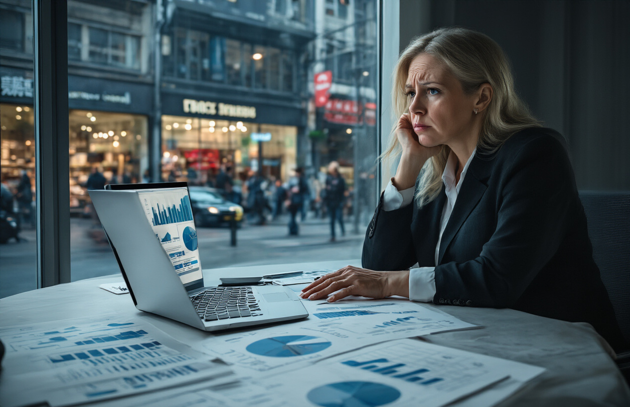 Create a realistic image of a diverse business meeting scene with a white female executive sitting at a conference table looking frustrated while reviewing negative customer feedback on a laptop screen, surrounded by declining sales charts and market research documents scattered on the table, with a large window in the background showing a busy marketplace that appears to be moving away from their outdated storefront, the lighting should be dim and somber to convey the serious consequences of ignoring market signals, absolutely NO text should be in the scene.