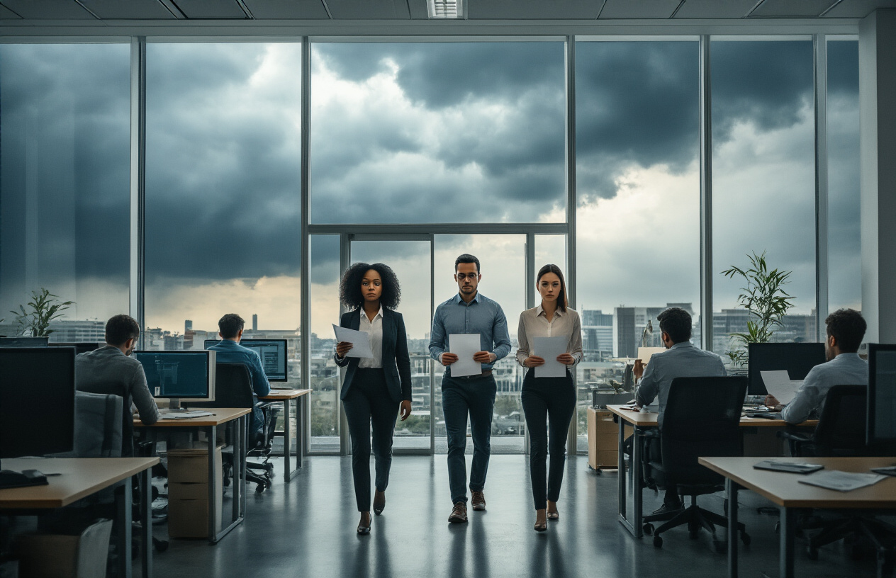 Create a realistic image of a modern office environment with empty desks and chairs scattered around, a diverse group of talented professionals including a black female manager, white male developer, and Asian female analyst walking towards an exit door with resignation letters in their hands, while a few remaining employees sit at their desks looking stressed and demotivated, with dark storm clouds visible through large windows casting gloomy lighting across the workspace, creating an atmosphere of toxicity and departure, absolutely NO text should be in the scene.