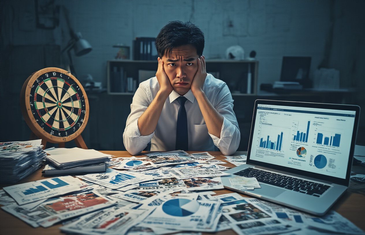 Create a realistic image of a frustrated Asian male business owner sitting at a cluttered desk surrounded by unsuccessful marketing materials including scattered flyers, declining graphs on a laptop screen, and empty target dartboard, with dimly lit office environment showing stress and poor strategy execution, conveying disappointment and confusion about failed customer acquisition efforts. Absolutely NO text should be in the scene.