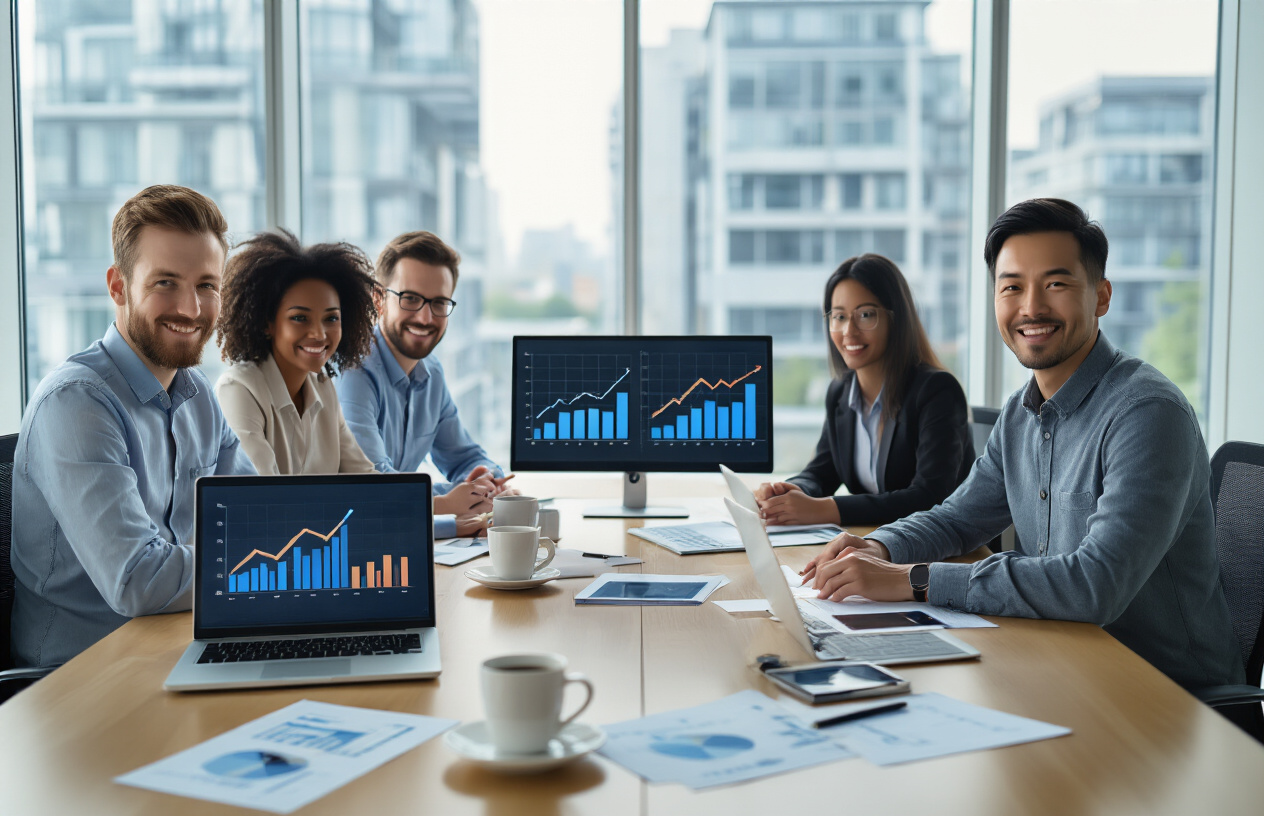 Create a realistic image of a diverse business team of four people - two white males, one black female, and one Asian male - standing confidently around a modern conference table in a bright, contemporary office space, with laptops open showing upward trending graphs on screens, subtle natural lighting from large windows creating an optimistic atmosphere, scattered business documents and coffee cups on the table, representing successful problem-solving and business growth breakthrough, with modern office buildings visible in the background through windows, absolutely NO text should be in the scene.