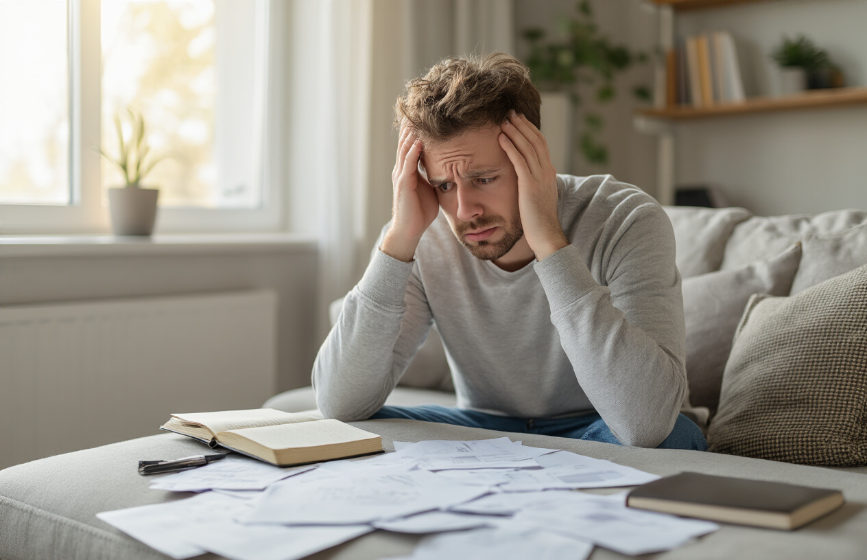 Create a realistic image of a confused white male in his 30s sitting alone on a couch, holding his head in his hands with a perplexed expression, surrounded by scattered papers and a journal, with soft natural lighting from a window creating a contemplative mood in a modern living room setting, emphasizing internal confusion and self-reflection, absolutely NO text should be in the scene.