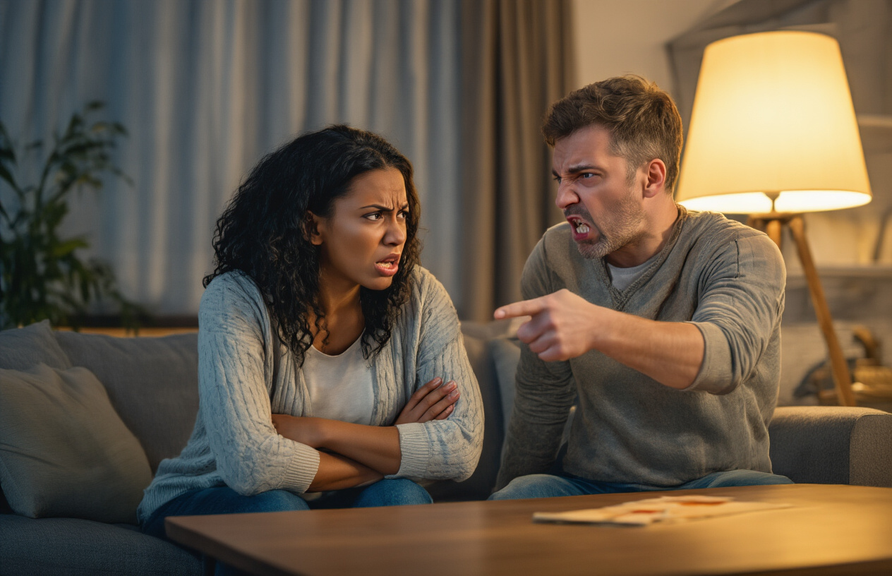 Create a realistic image of a white male and black female couple in their living room during an argument, with the man pointing his finger aggressively while the woman has her arms crossed defensively, both showing tense body language and frustrated facial expressions, warm indoor lighting from a table lamp, couch and coffee table visible in background, capturing the tension of poor communication during conflict, absolutely NO text should be in the scene.