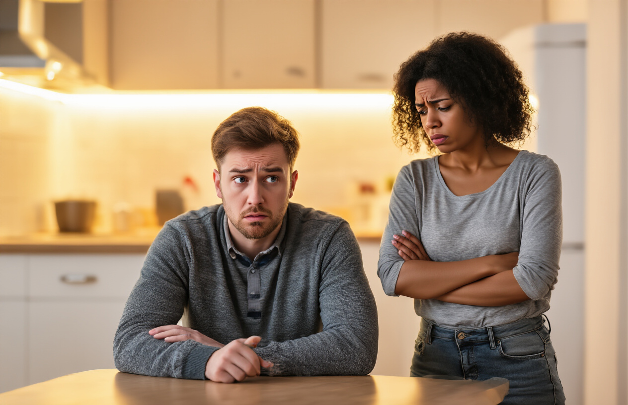 Create a realistic image of a white male in his 30s sitting at a kitchen table looking confused and defensive while a black female in her 30s stands nearby with crossed arms and a frustrated expression, showing the aftermath of a conversation where he appears oblivious to how his words or actions have affected her, with a modern kitchen background featuring warm lighting that contrasts with the tense emotional atmosphere between them, absolutely NO text should be in the scene.