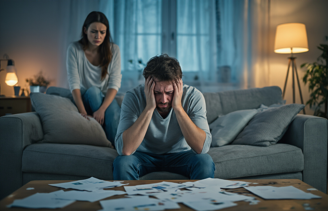 Create a realistic image of a white male in his 30s sitting on a couch with his head in his hands looking overwhelmed and frustrated, with scattered papers or objects around him suggesting chaos, in a dimly lit living room with warm but subdued lighting, showing emotional distress and inability to manage feelings, with a concerned white female partner standing nearby looking worried, capturing the struggle with emotional regulation in a relationship context, absolutely NO text should be in the scene.