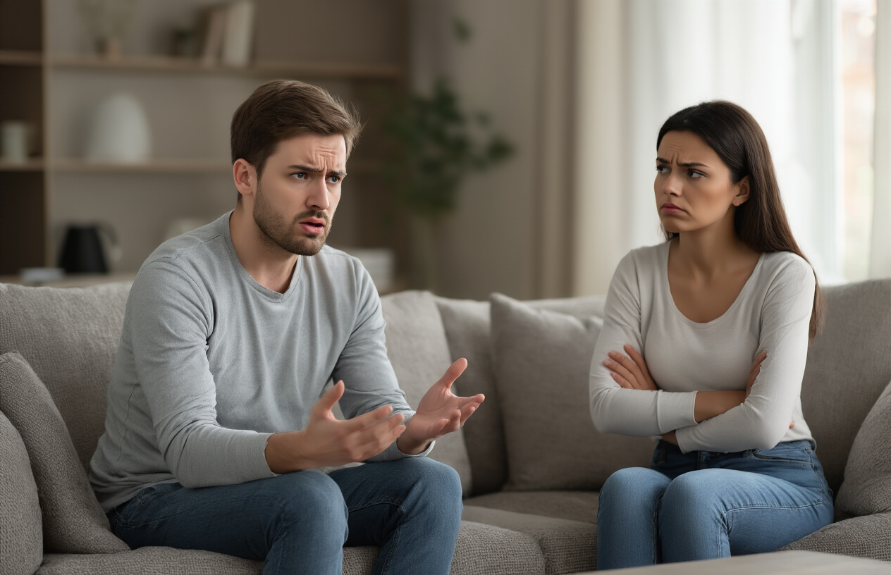 Create a realistic image of a white male sitting on a couch looking frustrated and gesturing while speaking, with a black female sitting across from him with arms crossed, looking away dismissively with a disinterested expression, in a modern living room with soft natural lighting from a window, creating a tense atmosphere that conveys emotional disconnect and lack of empathy between the couple, absolutely NO text should be in the scene.