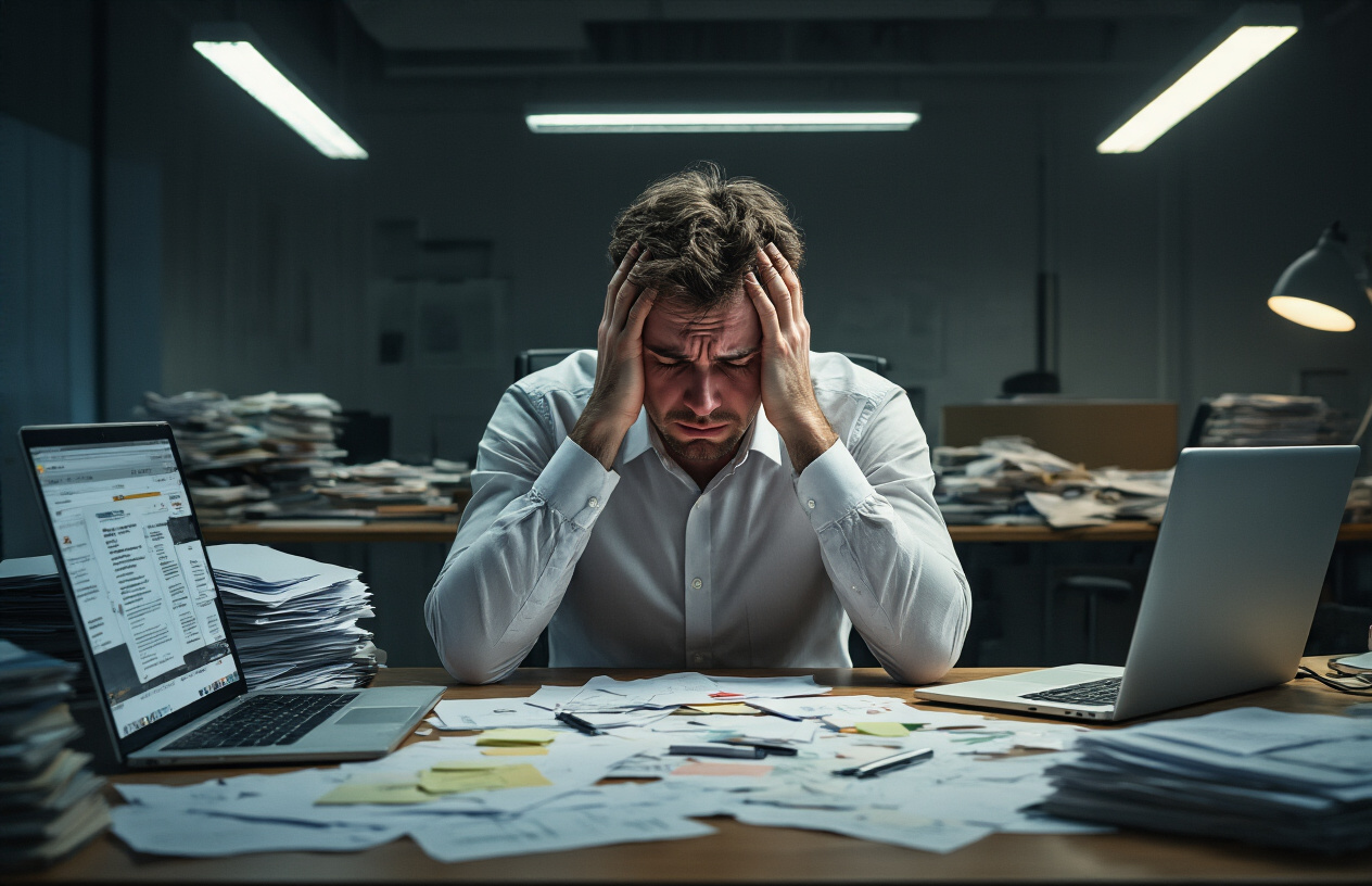 Create a realistic image of a stressed white male sitting at a cluttered desk with his head in his hands, surrounded by scattered papers and an overflowing inbox, with a laptop showing multiple urgent notifications, in a dimly lit office environment with harsh fluorescent lighting creating shadows, conveying overwhelming pressure and inability to cope with workplace demands, absolutely NO text should be in the scene.