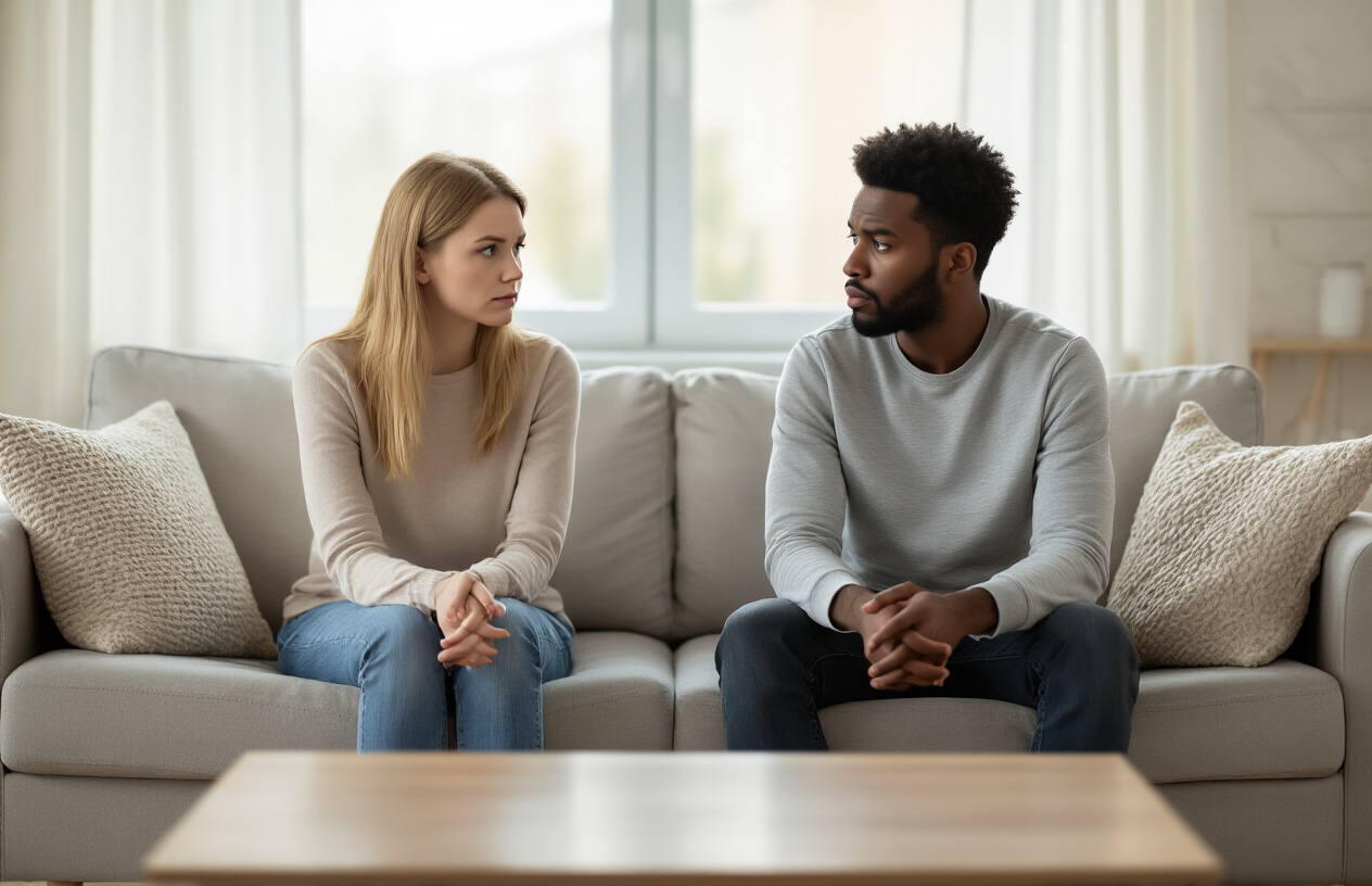 Create a realistic image of two people sitting on opposite ends of a modern living room couch, a white female and a black male, both looking contemplative and slightly distant from each other, with soft natural lighting coming through a window, creating a calm but emotionally disconnected atmosphere, the room has neutral colors with a coffee table between them, both individuals appear to be in deep thought about their relationship, the scene conveys hope for understanding and growth in emotional connection, absolutely NO text should be in the scene.