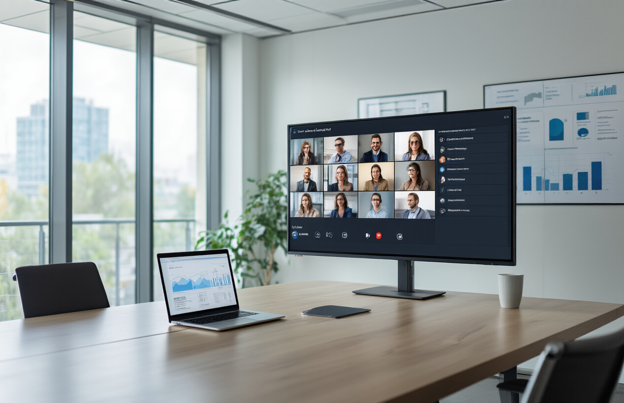 Create a realistic image of a professional conference room with a large wall-mounted screen displaying a webinar interface with video call grid layout, multiple attendees visible on screen, a sleek conference table with a laptop open showing webinar analytics dashboard, modern office setting with glass windows, soft natural lighting, clean minimalist design, marketing charts and graphs subtly visible on nearby surfaces, professional business atmosphere, Absolutely NO text should be in the scene.