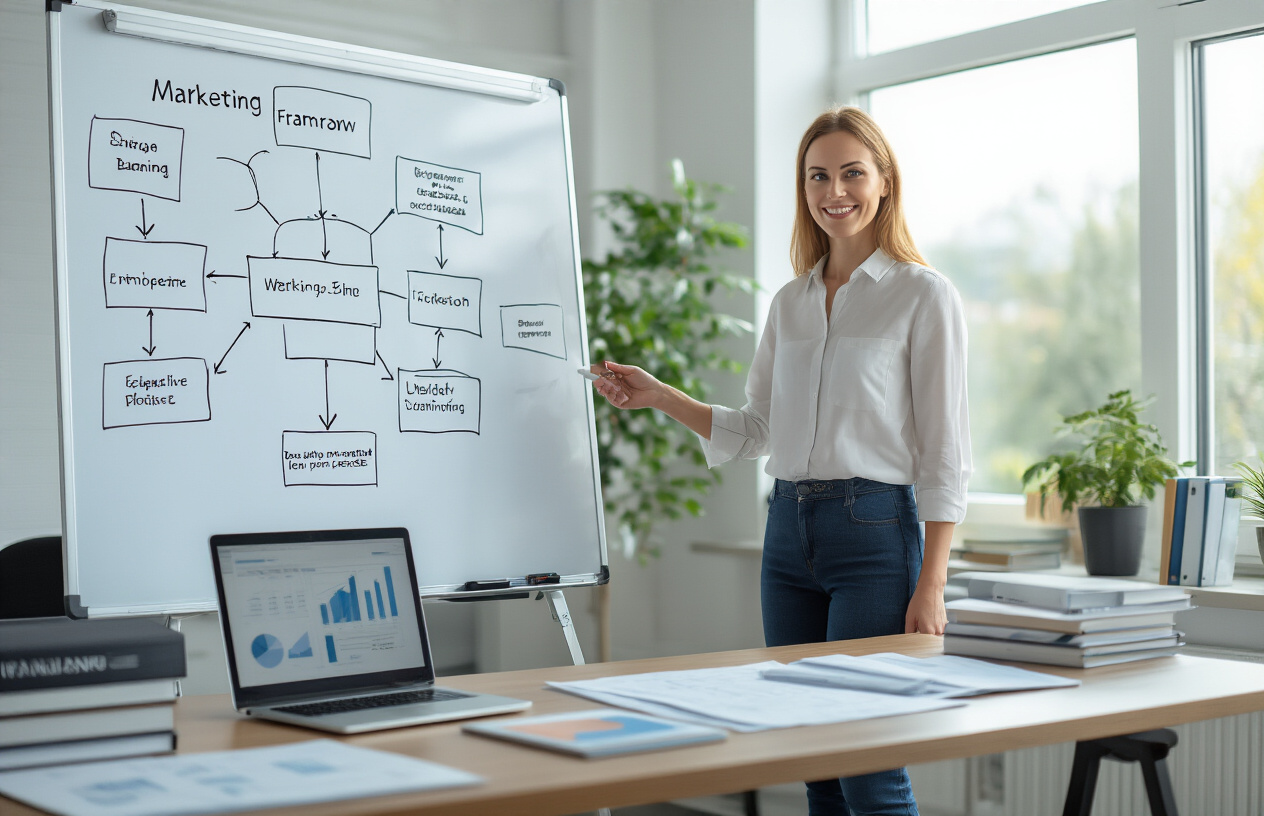 Create a realistic image of a modern professional office setting with a white female marketing strategist in business casual attire standing next to a large whiteboard or flip chart displaying a strategic framework diagram with interconnected boxes and arrows representing webinar planning elements, alongside a sleek laptop computer open on a contemporary desk, architectural blueprints or planning documents spread nearby, bright natural lighting from large windows creating a focused and productive atmosphere, with digital marketing books and notebooks visible on surrounding surfaces, conveying strategic planning and foundation-building concepts, absolutely NO text should be in the scene.