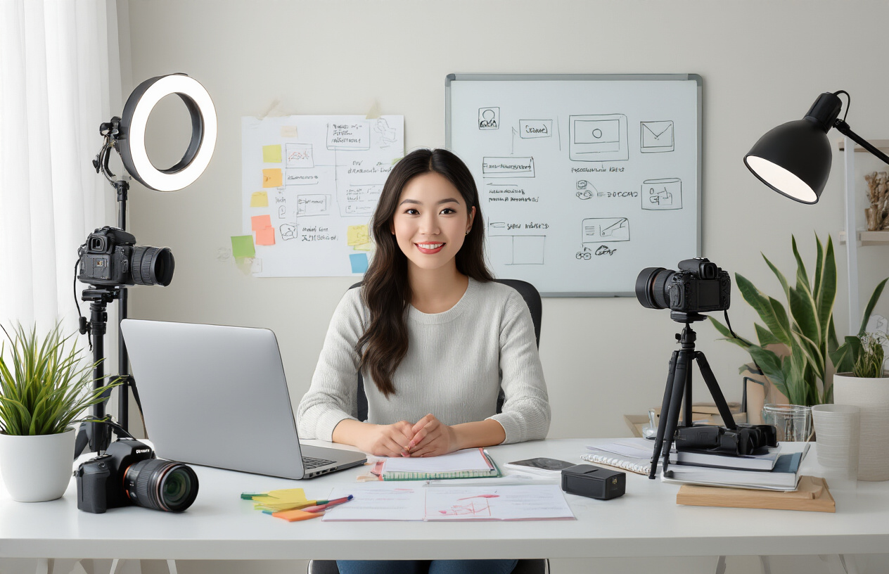 Create a realistic image of a professional Asian female content creator sitting at a modern desk with a laptop, camera equipment, and ring light setup, surrounded by organized notes, a whiteboard with presentation sketches, and production planning materials in a bright, well-lit home office environment, conveying focused preparation and high-quality content creation for webinar production, absolutely NO text should be in the scene.