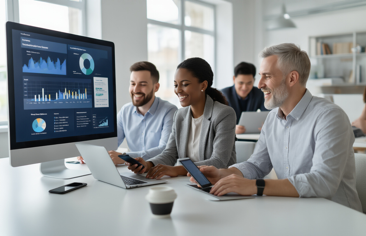 Create a realistic image of a diverse group of professionals sitting at laptops and mobile devices with engaged expressions, showing people actively registering for an online webinar, with registration confirmation screens visible on their devices, set in a modern office environment with soft natural lighting, featuring a white male business professional, a black female entrepreneur, and an Asian male marketer all looking enthusiastic and focused on their screens, with charts and graphs showing increasing attendance metrics displayed on a wall monitor in the background, creating an atmosphere of successful digital marketing engagement, absolutely NO text should be in the scene.