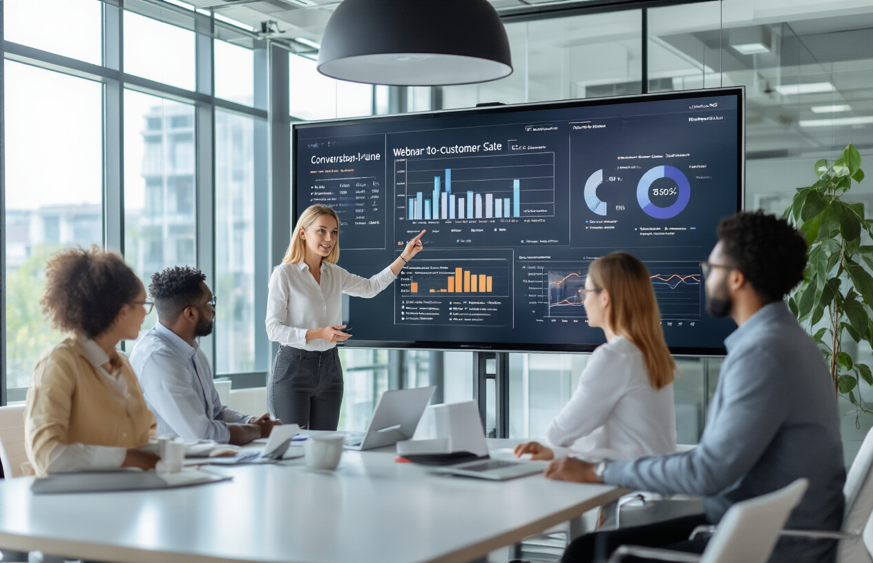 Create a realistic image of a diverse group of professionals in a modern conference room setting with a large presentation screen displaying conversion metrics and sales funnel graphics, featuring a white female presenter pointing to charts showing webinar-to-customer conversion data while black and white male and female attendees sit around a sleek conference table with laptops and notepads, bright natural lighting from large windows, professional corporate atmosphere with clean modern furniture and glass walls, absolutely NO text should be in the scene.