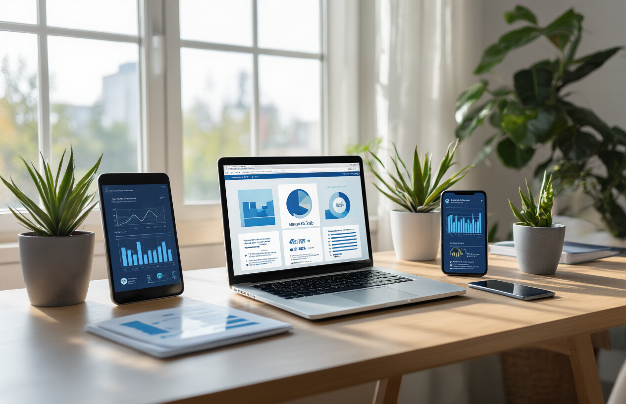 Create a realistic image of a modern office setting with a laptop displaying a webinar interface on a clean desk, surrounded by digital marketing elements like graphs, charts, and mobile devices showing engagement metrics, with soft natural lighting from a window creating a professional atmosphere, symbolizing successful webinar integration into digital marketing strategy, absolutely NO text should be in the scene.