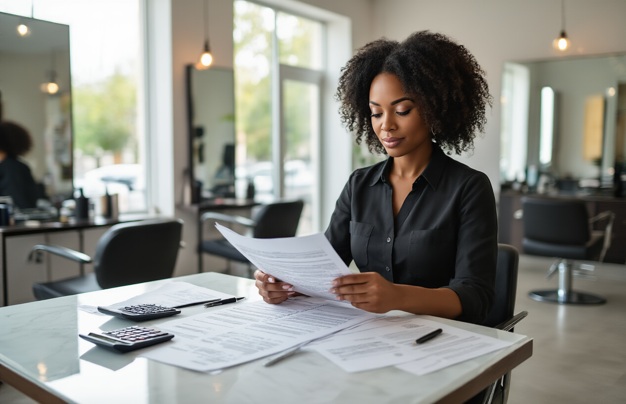Create a realistic image of a professional black female salon owner sitting at a modern desk in her upscale hair salon, carefully reviewing insurance documents and paperwork spread across the desk, with a calculator and pen in hand, surrounded by salon chairs, mirrors, and hair styling equipment in the background, soft natural lighting from large windows creating a focused business atmosphere, showing her thoughtfully analyzing her salon's specific insurance requirements. Absolutely NO text should be in the scene.