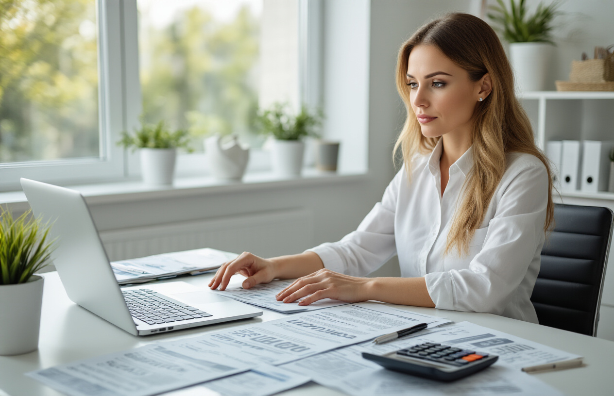 Create a realistic image of a white female salon owner sitting at a modern desk with a laptop computer open, surrounded by various insurance policy documents and brochures spread across the desk surface, with a calculator and pen nearby, in a bright professional office setting with natural lighting from a window, showing a focused and thoughtful expression as she compares different insurance options, with a clean and organized background featuring office shelves and plants, conveying a sense of careful research and decision-making, absolutely NO text should be in the scene.