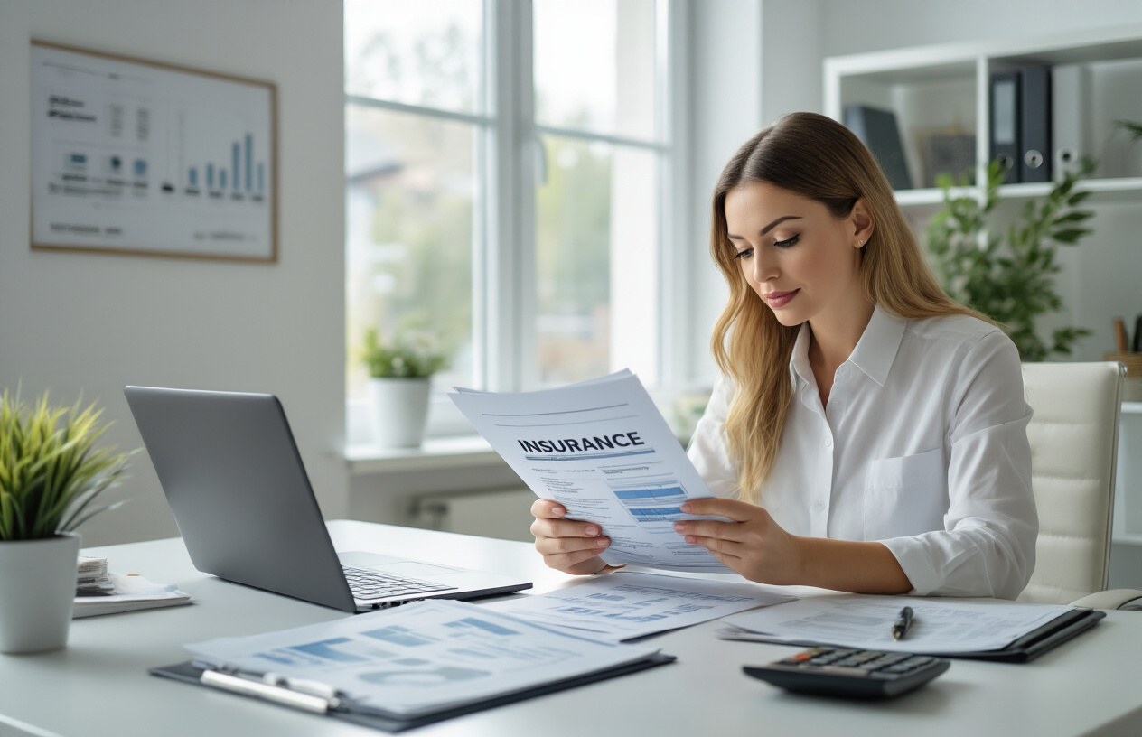 Create a realistic image of a professional white female salon owner sitting at a modern office desk reviewing insurance documents and policy folders, with a laptop computer open showing insurance comparison charts, surrounded by organized paperwork, a calculator, and a pen in hand, set in a bright, well-lit contemporary office space with clean white walls and natural lighting from a window, conveying a sense of careful decision-making and professional business management, absolutely NO text should be in the scene.