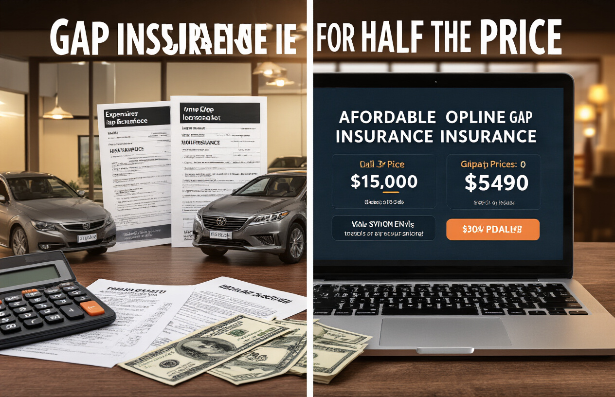 Create a realistic image of a split-screen composition showing a car dealership office on the left with expensive gap insurance documents and high price tags, contrasted with a laptop screen on the right displaying affordable online gap insurance options with lower prices, include a calculator and dollar bills scattered on a wooden desk, warm office lighting, with bold text overlay reading "Gap Insurance for Half the Price" in white letters with dark outline for visibility.