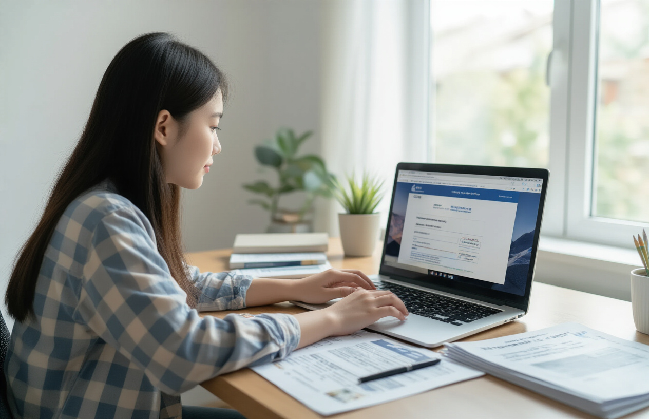 Create a realistic image of a young Asian female sitting at a modern desk with a laptop computer open, displaying a government website interface on the screen, her hands positioned on the keyboard as she fills out an online application form, with official documents like a driver's manual and identification papers neatly arranged beside the laptop, in a well-lit home office setting with clean white walls and natural daylight streaming through a window, conveying a focused and organized atmosphere of someone completing an important online application process, absolutely NO text should be in the scene.