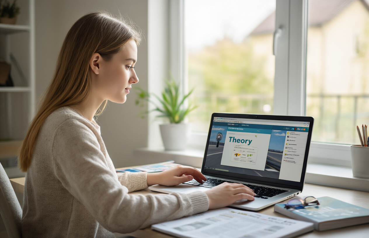 Create a realistic image of a young white female sitting at a modern desk with a laptop computer open, displaying a driving theory test interface on the screen, with study materials like a driver's handbook and notebook nearby, in a well-lit home office environment with natural lighting from a window, showing focused concentration as she prepares for her online learner's license theory exam, with a clean and organized workspace atmosphere. Absolutely NO text should be in the scene.