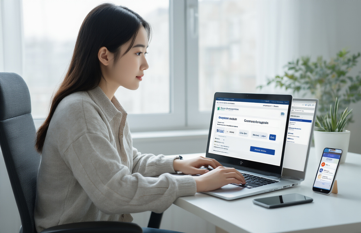 Create a realistic image of a young Asian female sitting at a modern desk with a laptop computer open showing a government website interface with application status indicators, her hands positioned on the keyboard while looking attentively at the screen, a smartphone placed nearby displaying notification icons, clean white office environment with soft natural lighting from a window, professional and focused atmosphere conveying digital application tracking process, absolutely NO text should be in the scene.