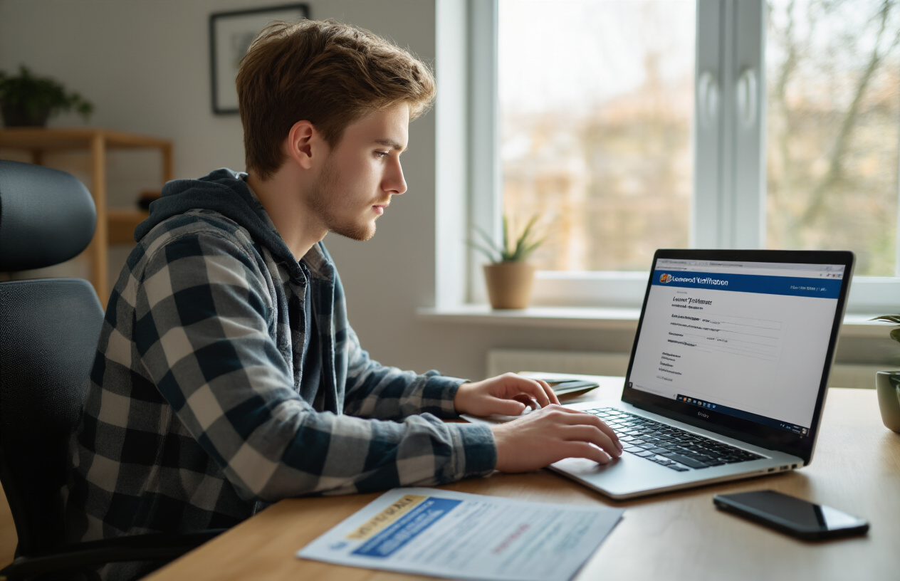 Create a realistic image of a young adult white male sitting at a modern desk looking at a laptop computer screen displaying a government verification website interface, with official documents including a learner's permit and identification cards spread on the desk beside the laptop, in a clean well-lit home office environment with natural daylight coming through a window, showing focused concentration as he completes an online verification process, with a smartphone also visible on the desk, absolutely NO text should be in the scene.