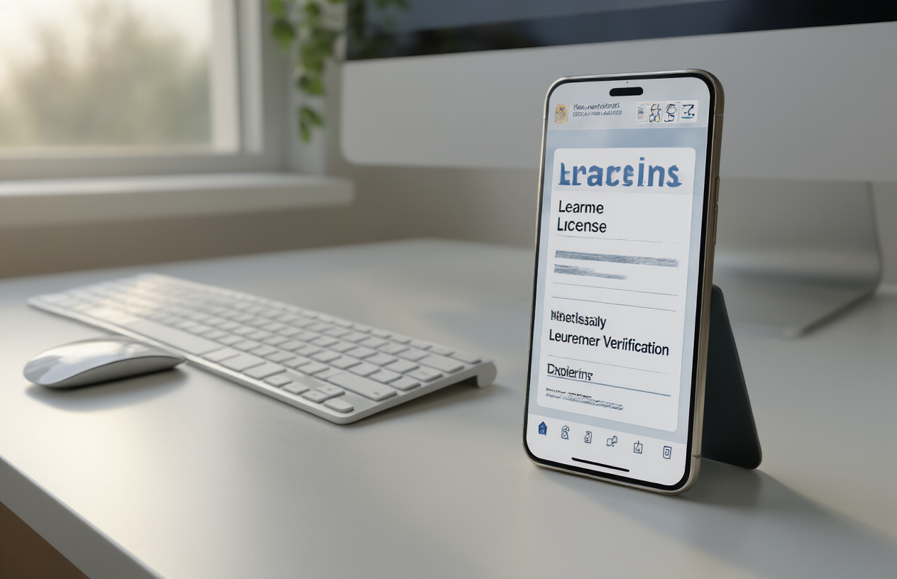 Create a realistic image of a modern smartphone displaying a digital learner's license application interface on the screen, placed on a clean white desk next to a computer keyboard and mouse, with soft natural lighting from a window creating a professional atmosphere, representing successful online license verification and application completion. Absolutely NO text should be in the scene.