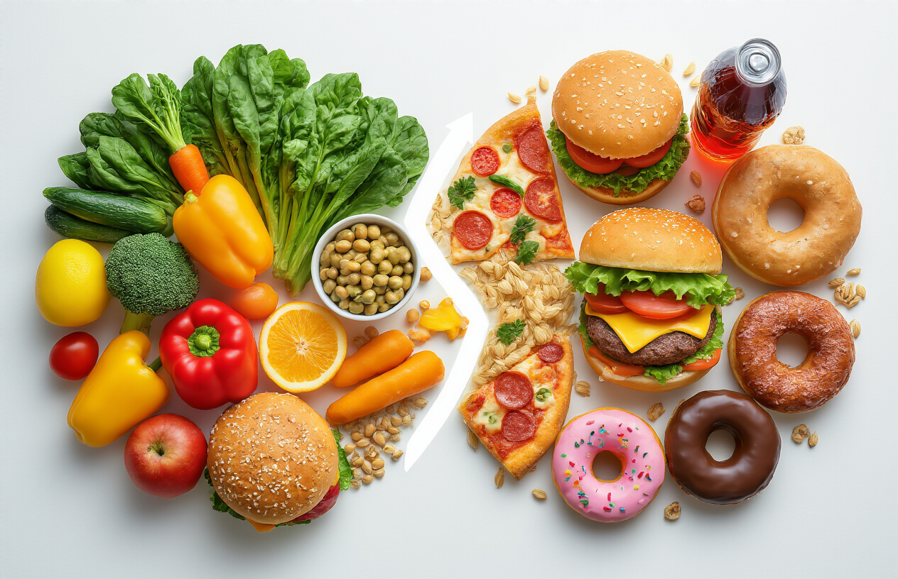Create a realistic image of a split-screen composition showing healthy foods like fresh vegetables, fruits, and grains on the left side, and various junk foods like burgers, pizza, donuts, and soda on the right side, with a subtle visual arrow or pathway indicating the connection between junk food consumption and weight gain, set against a clean white background with soft natural lighting, absolutely NO text should be in the scene.