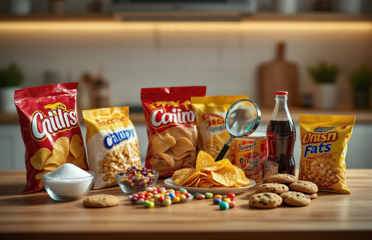 Create a realistic image of a kitchen counter displaying various opened junk food packages and products with their hidden ingredients visually exposed, including bags of chips, candy bars, cookies, and sodas alongside small glass bowls containing white sugar, corn syrup, trans fats, and artificial additives, with a magnifying glass highlighting ingredient labels, warm kitchen lighting creating shadows and depth, neutral background with wooden counter surface, absolutely NO text should be in the scene.