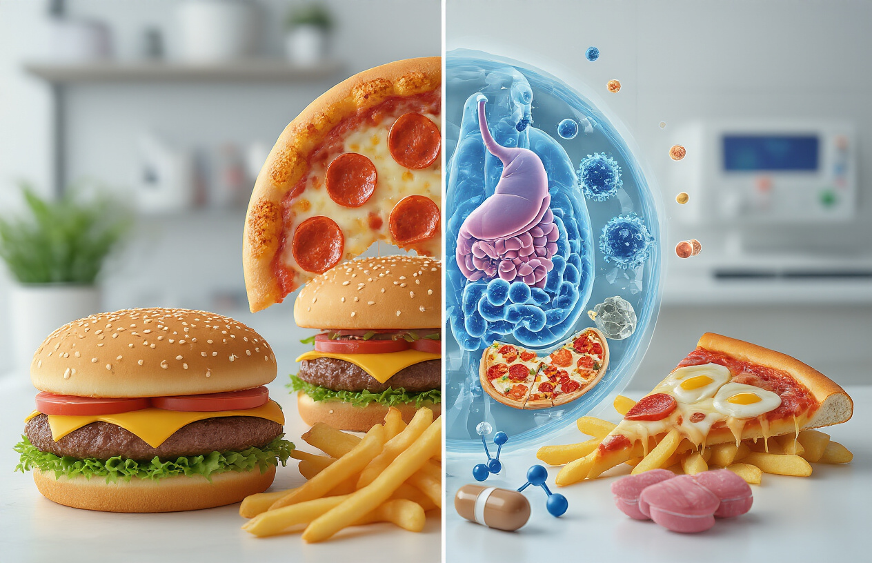 Create a realistic image of a split-screen composition showing junk food items like hamburgers, pizza slices, and french fries on one side, and on the other side scientific illustrations of metabolic processes including hormone molecules, digestive system organs, and cellular activity representations, with a modern laboratory or medical office background, clean professional lighting, depicting the biological impact of processed foods on human metabolism, absolutely NO text should be in the scene.