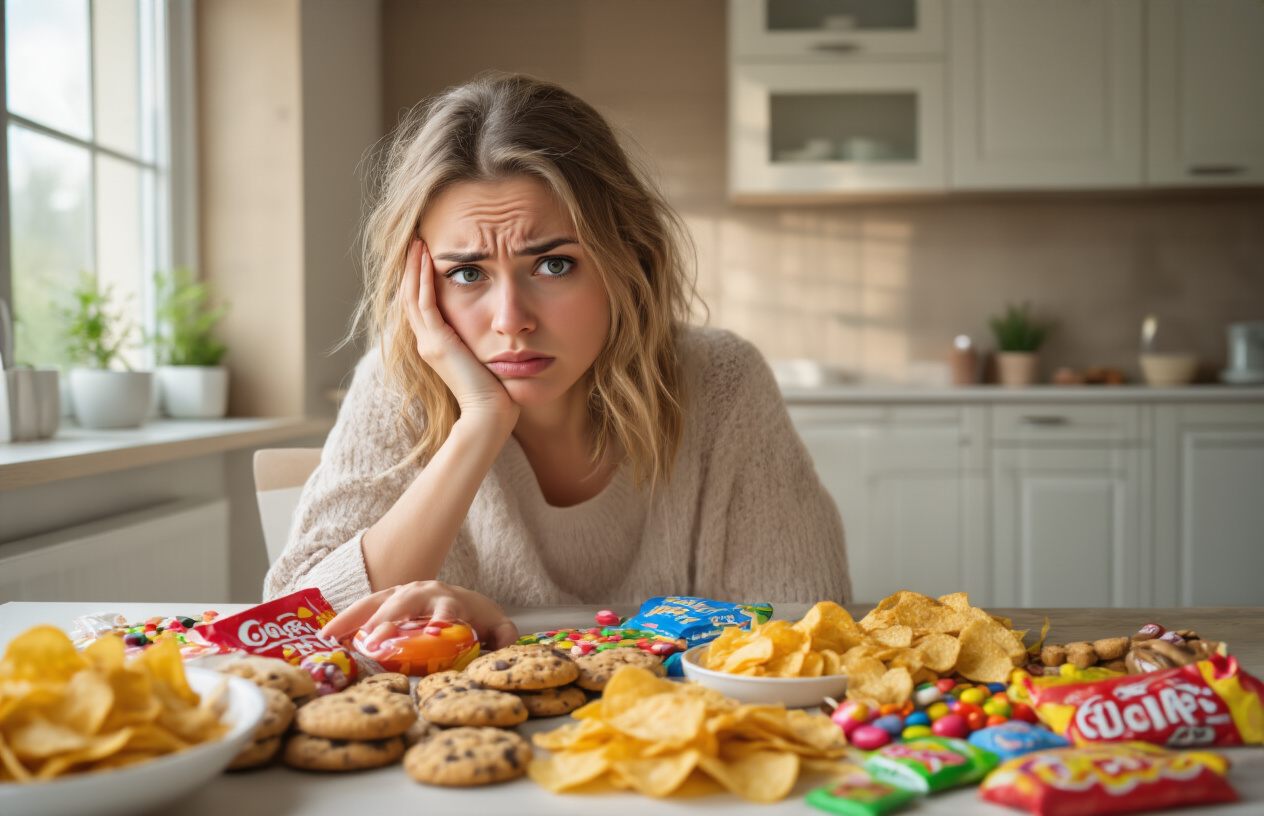 Create a realistic image of a white female sitting at a kitchen table looking conflicted while staring at colorful junk food items like chips, cookies, and candy spread before her, with her hand reaching toward the food hesitantly, showing internal struggle and emotional eating behavior, soft natural lighting from a window, warm kitchen environment with neutral tones, close-up perspective focusing on her facial expression of uncertainty and craving, absolutely NO text should be in the scene.