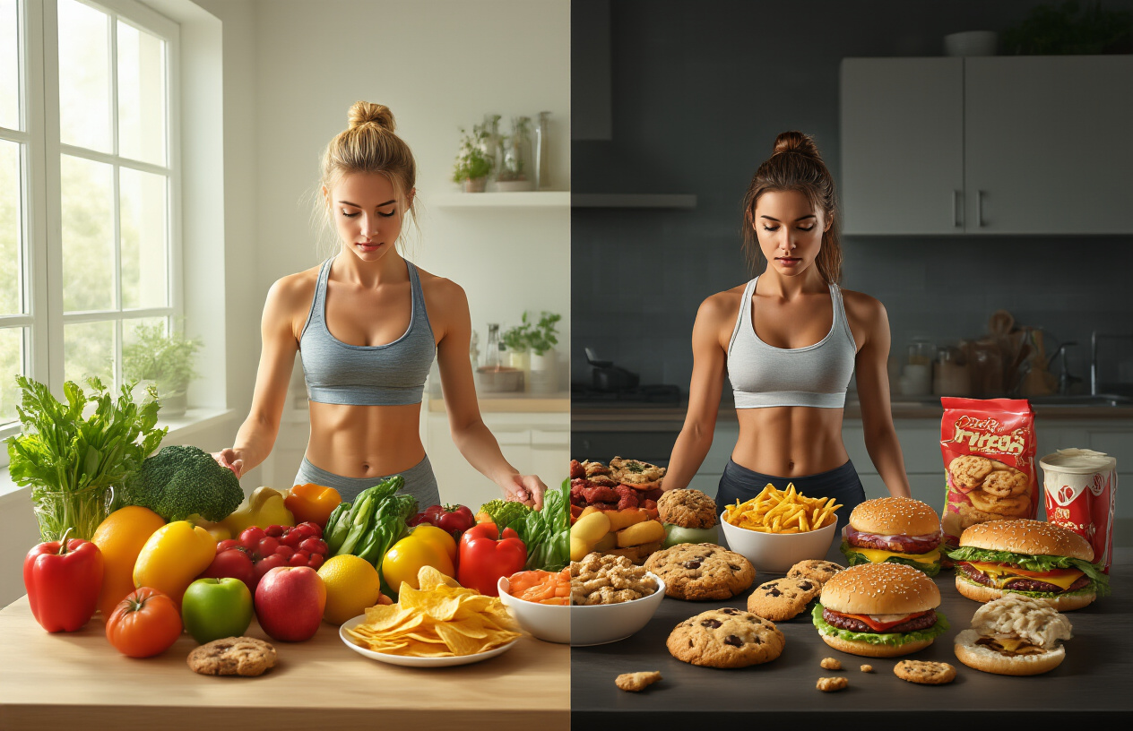 Create a realistic image of a split composition showing healthy lifestyle choices versus junk food temptations, featuring a white female in workout clothes on the left side choosing fresh fruits and vegetables from a colorful array of produce, while the right side displays various junk foods like chips, cookies, and fast food items in darker, less appealing lighting, with a kitchen or dining area background that has natural lighting streaming through windows, creating a contrast between the bright, positive healthy food section and the shadowed junk food area, absolutely NO text should be in the scene.