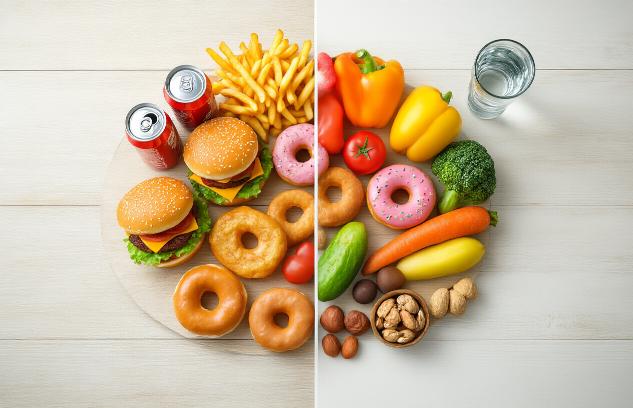 Create a realistic image of a split composition showing on one side unhealthy junk foods like burgers, fries, donuts, and soda cans scattered on a wooden table, and on the other side fresh healthy alternatives like colorful fruits, vegetables, nuts, and a glass of water, with a subtle dividing line between the two sides, soft natural lighting from above, clean white background, representing the choice between unhealthy and healthy eating habits for weight management, absolutely NO text should be in the scene.