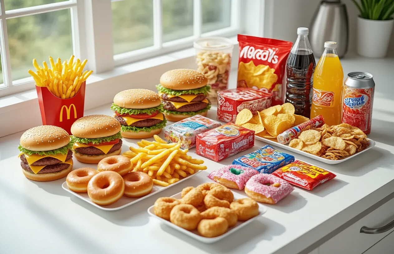 Create a realistic image of various unhealthy food items organized into distinct categories on a clean white kitchen counter, featuring fast food burgers and fries in one group, sugary snacks like donuts and candy bars in another section, processed foods including packaged chips and instant noodles in a third area, and sugary drinks like sodas and energy drinks clustered together, with soft natural lighting from a window creating gentle shadows, shot from a slightly elevated angle to show clear separation between food categories, absolutely NO text should be in the scene.