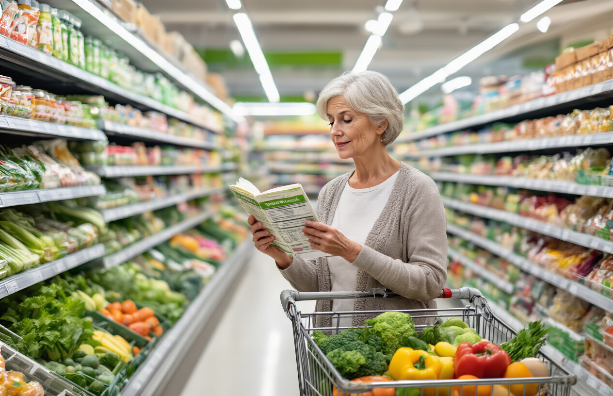 Create a realistic image of a middle-aged white female carefully examining a nutrition label on a packaged food item while standing in a bright, well-organized grocery store aisle filled with colorful fresh produce, healthy snacks, and organic products, with a shopping cart containing fresh vegetables and fruits visible beside her, under clean fluorescent lighting that creates a welcoming atmosphere, absolutely NO text should be in the scene.