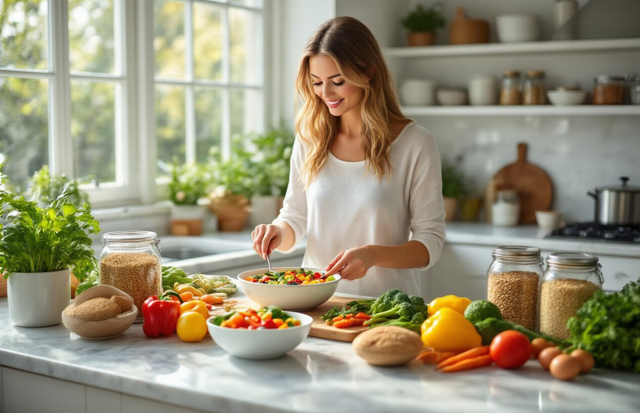 Create a realistic image of a bright, modern kitchen with a white female adult preparing a colorful, nutritious meal at a marble countertop, surrounded by fresh vegetables, fruits, whole grains in glass jars, and healthy cooking ingredients, with natural sunlight streaming through a window, conveying a warm and inviting atmosphere that promotes wholesome home cooking habits, absolutely NO text should be in the scene.