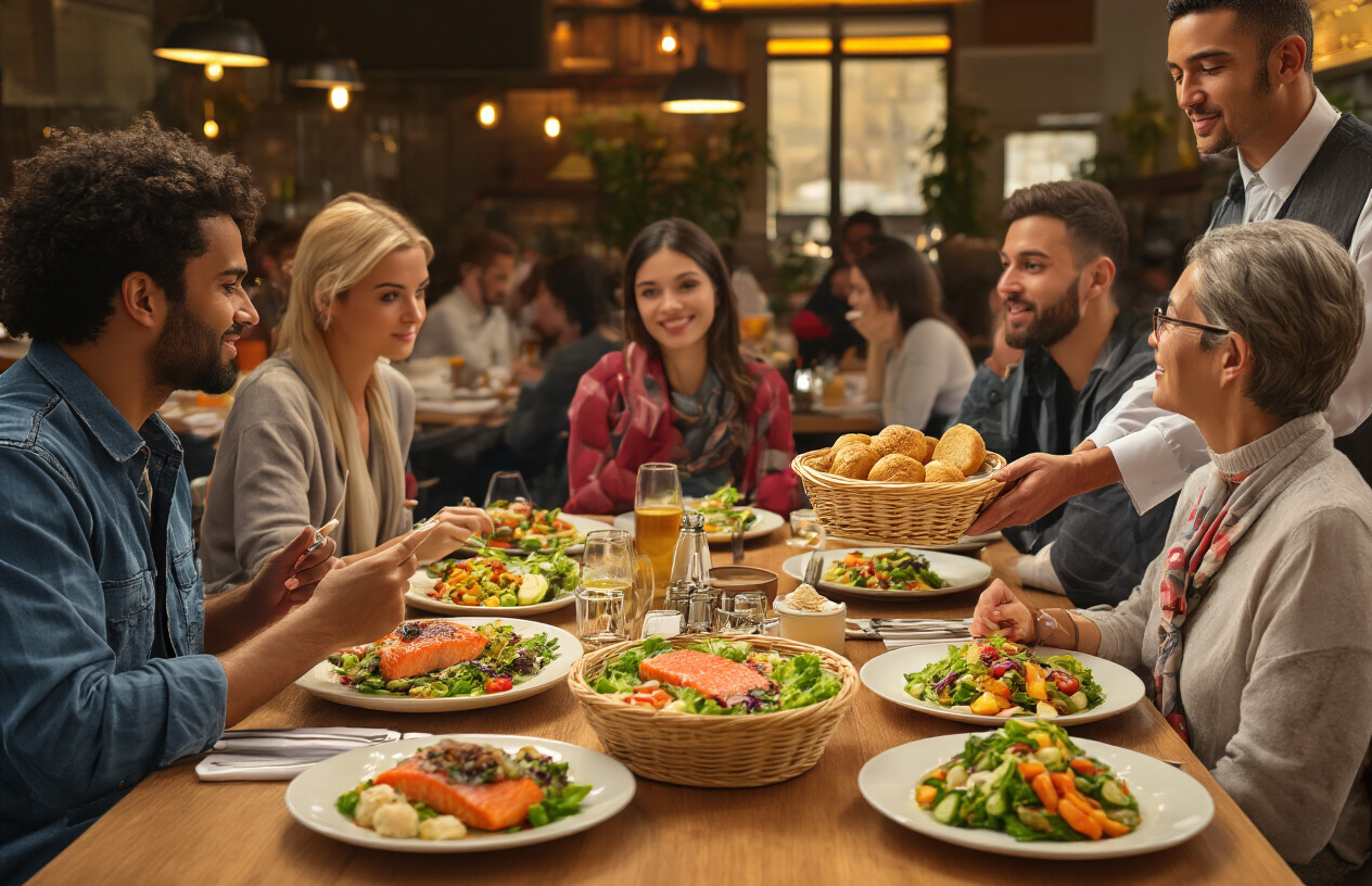 Create a realistic image of a diverse group of people sitting around a restaurant table with various healthy food options like grilled salmon, colorful salads, and steamed vegetables on their plates, while politely declining a basket of bread and fried appetizers being offered by a waiter, set in a modern casual dining restaurant with warm ambient lighting and other diners in the background, absolutely NO text should be in the scene.