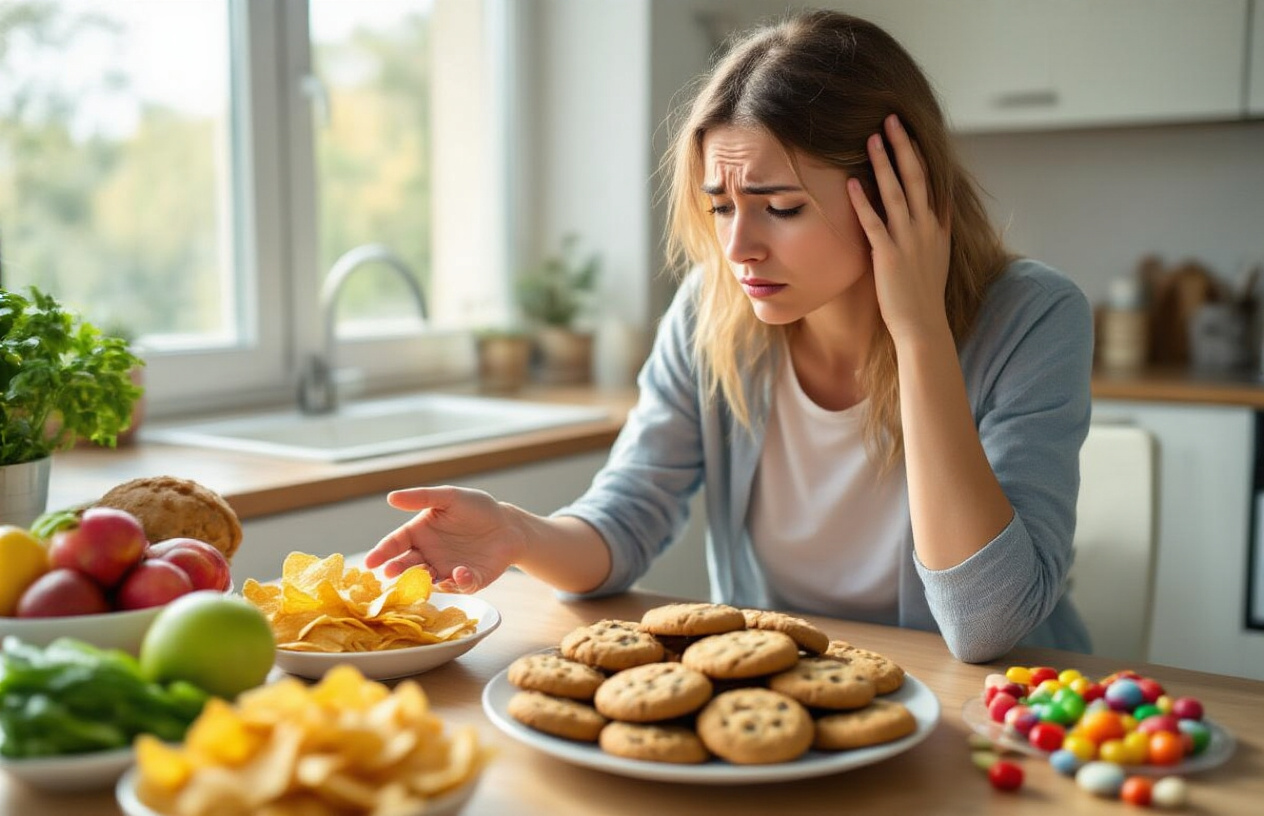 Create a realistic image of a white female sitting at a kitchen table looking stressed while reaching toward a plate of colorful junk food including cookies, chips, and candy, with healthy alternatives like fresh fruits and vegetables visible in the background on the counter, warm natural lighting streaming through a window, depicting the internal struggle between cravings and healthy choices, absolutely NO text should be in the scene.