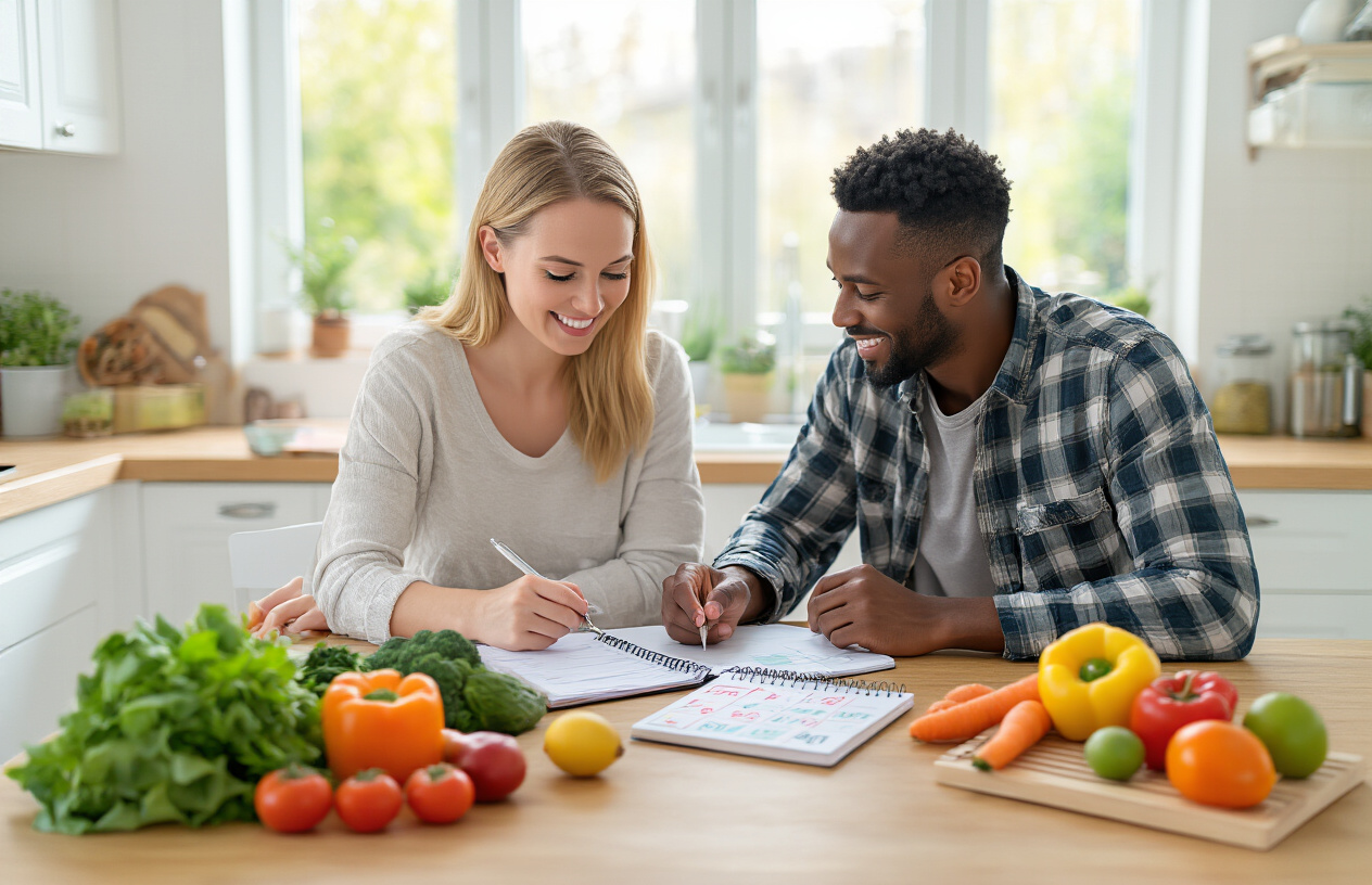 Create a realistic image of a diverse group of people including a white female and black male in their 30s sitting at a kitchen table planning healthy meals together, with fresh vegetables, fruits, a notebook with meal plans, and a calendar visible on a wooden table, surrounded by a bright, clean modern kitchen with natural lighting streaming through windows, conveying a sense of commitment and positive lifestyle changes, absolutely NO text should be in the scene.