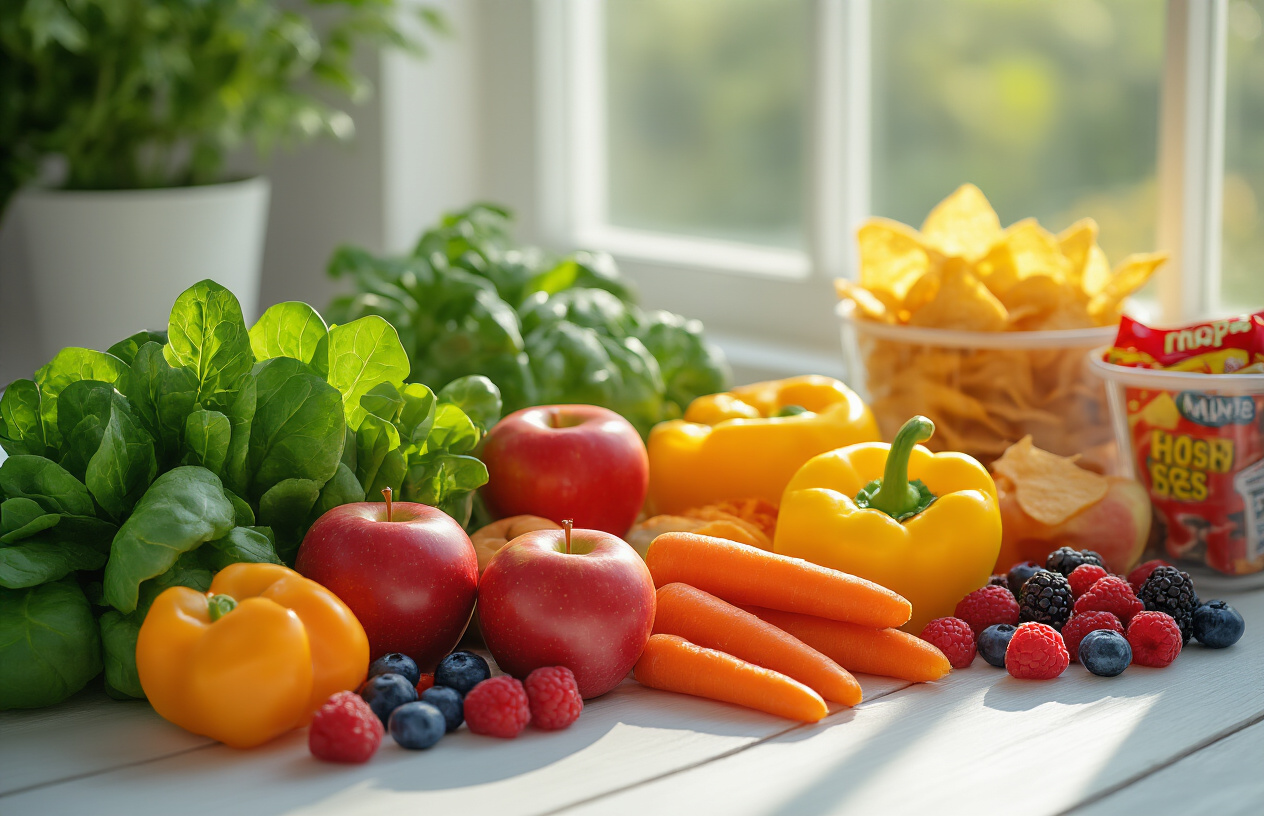 Create a realistic image of a diverse group of fresh, colorful healthy foods including vibrant green leafy vegetables, bright red apples, orange carrots, yellow bell peppers, and fresh berries artfully arranged on a clean white wooden table surface, with soft natural lighting streaming from a window creating gentle shadows, conveying a sense of freshness and vitality, while in the background there are blurred unhealthy processed foods like chips and candy being pushed away or placed in a trash bin, symbolizing the choice to avoid unhealthy options, with a bright and optimistic mood that represents successful healthy eating habits, absolutely NO text should be in the scene.