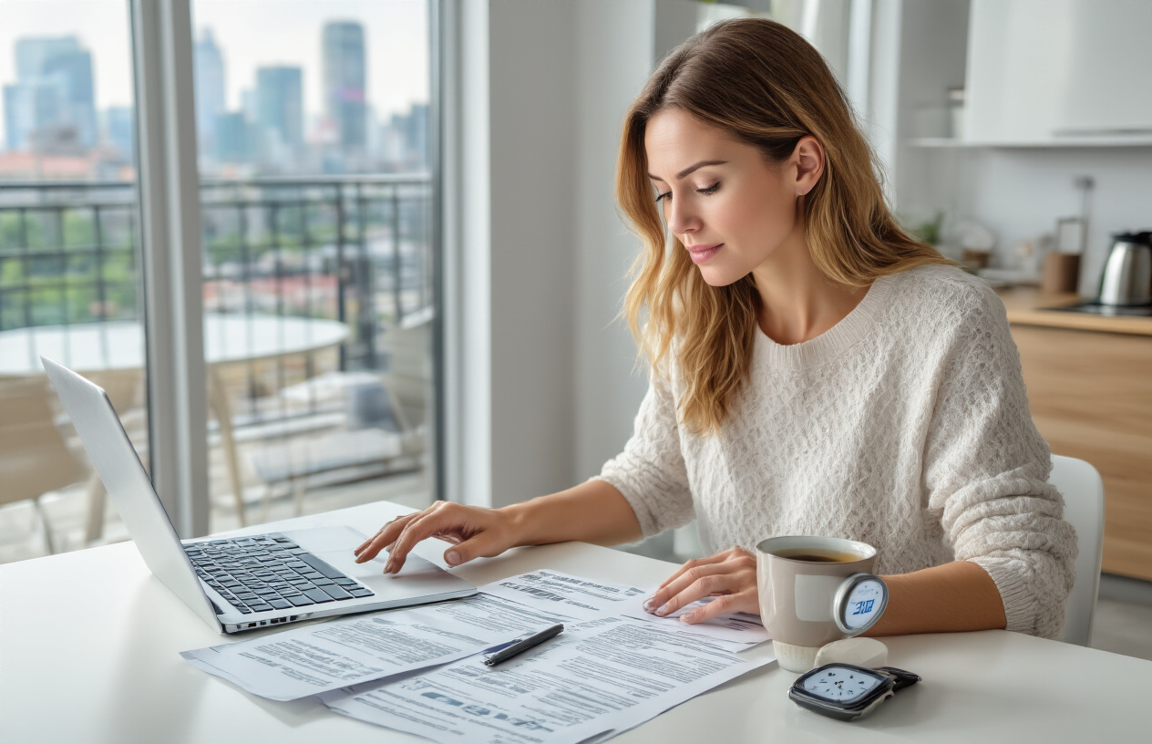 Create a realistic image of a focused white female homeowner in her 30s sitting at a modern kitchen table with a laptop open, examining insurance documents and policy papers spread across the table, with a smartphone displaying a timer showing 2 minutes nearby, a coffee cup, and a pen in her hand, surrounded by a bright, well-lit contemporary condo interior with large windows showing city views, conveying concentration and efficiency in understanding insurance coverage options, absolutely NO text should be in the scene.
