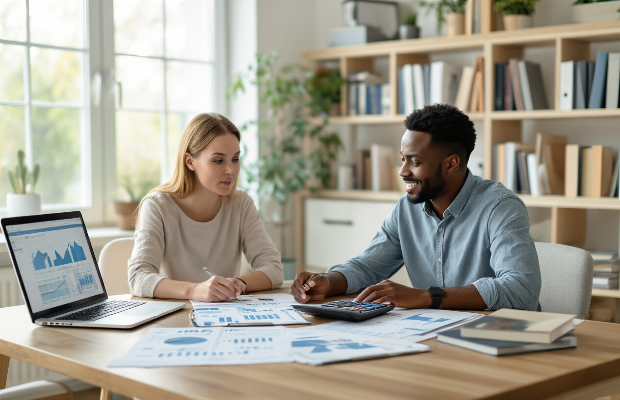 Create a realistic image of a diverse group of people including a white female and black male sitting at a modern wooden table with financial planning materials like calculators, budgeting worksheets, and investment books spread across the surface, with a laptop displaying financial charts, surrounded by a bright, organized home office environment with bookshelves containing finance books in the background, natural daylight streaming through windows creating an optimistic and focused atmosphere, absolutely NO text should be in the scene.