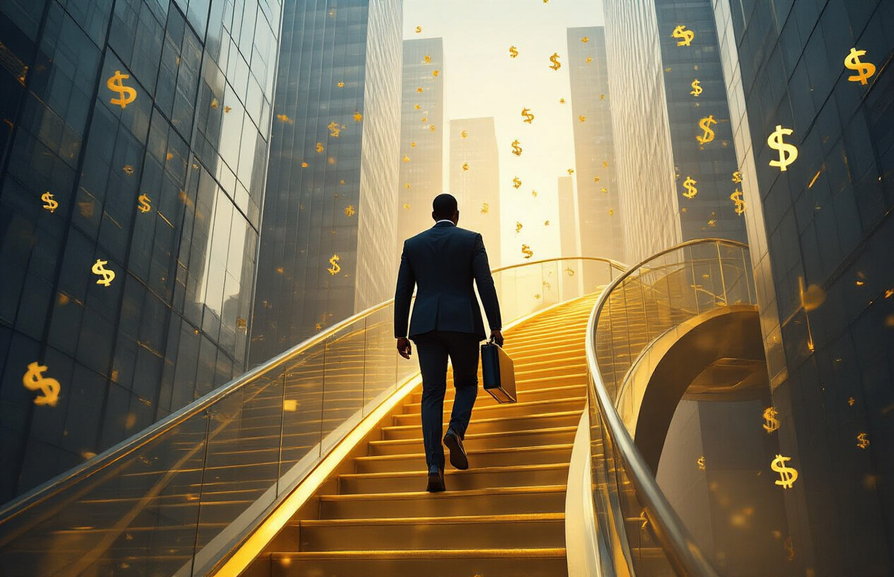 Create a realistic image of a professional black male in a sharp business suit climbing a modern glass staircase that transforms into a golden ladder reaching upward, with office buildings and corporate headquarters in the background, warm golden lighting suggesting success and upward mobility, briefcase in hand, confident posture showing determination and ambition, clean modern corporate environment with subtle money symbols like dollar signs floating ethereally around the ascending path, absolutely NO text should be in the scene.