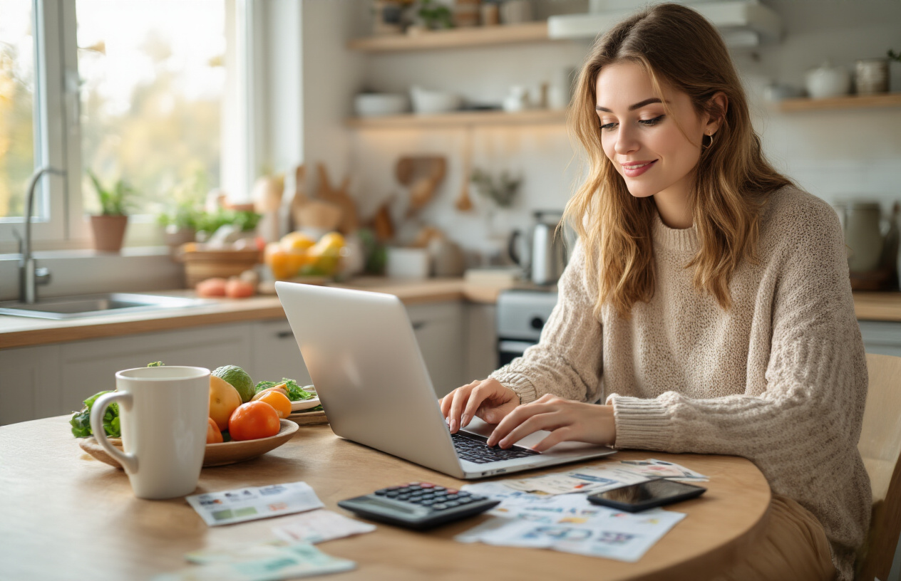 Create a realistic image of a young white woman sitting at a modern kitchen table with a laptop open, surrounded by everyday items like a quality coffee mug, fresh groceries, and a smartphone, with receipts and a calculator nearby, warm natural lighting streaming through a window, cozy home atmosphere suggesting smart spending choices, kitchen background with modern appliances visible, mood conveying satisfaction and control over finances, absolutely NO text should be in the scene.