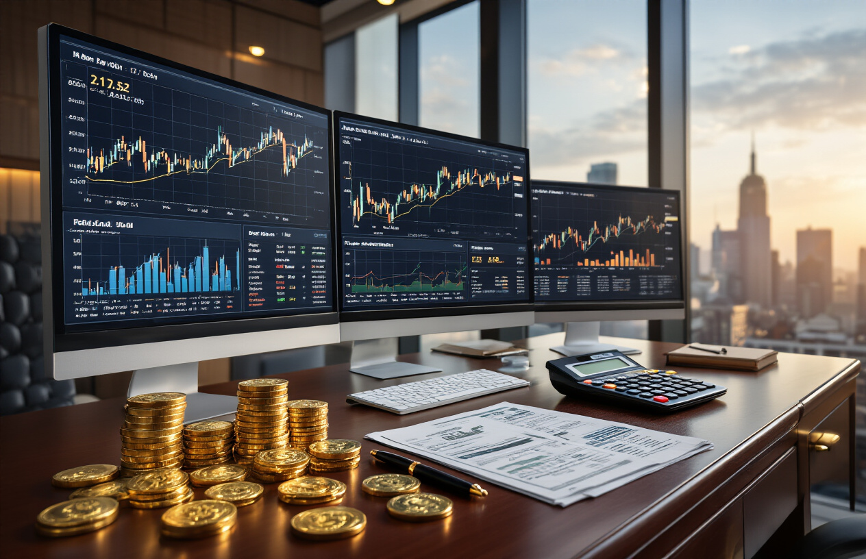 Create a realistic image of a professional financial dashboard displayed on multiple computer monitors showing upward trending investment charts, stock market graphs, and portfolio analytics, with gold coins and dollar bills scattered on a mahogany desk surface, complemented by a calculator, financial documents, and a luxury pen, set in a modern office environment with warm ambient lighting and a city skyline visible through large windows in the background, conveying success and wealth growth through strategic investing, absolutely NO text should be in the scene.