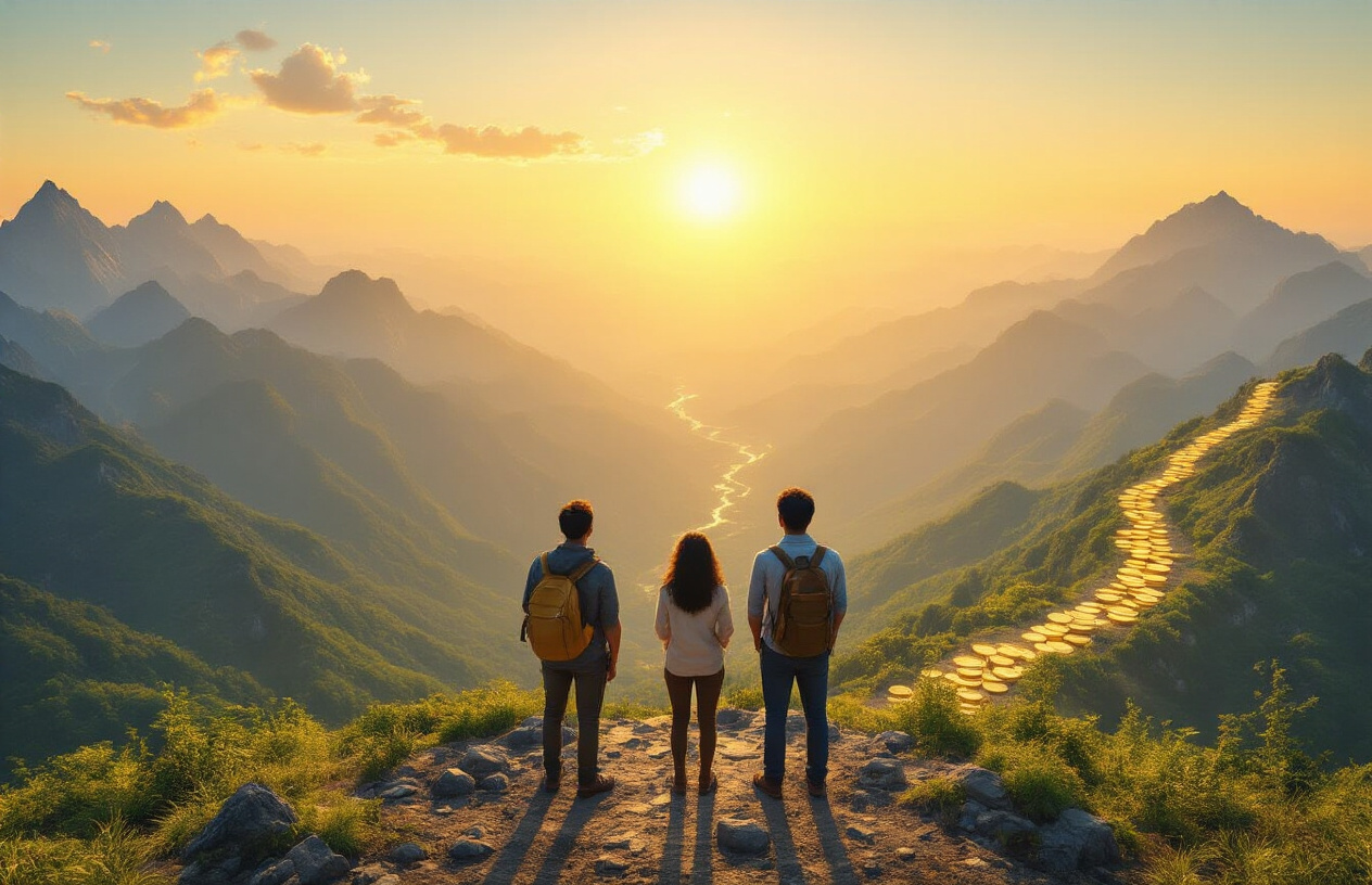 Create a realistic image of a diverse group of people including a white male, black female, and Asian male standing at the peak of a mountain looking out at a golden sunrise, with a clear upward path behind them showing various milestones like small coins transitioning to dollar bills and investment charts carved into the mountainside, surrounded by lush green valleys below representing prosperity and abundance, with warm golden lighting creating an inspirational and triumphant mood, absolutely NO text should be in the scene.