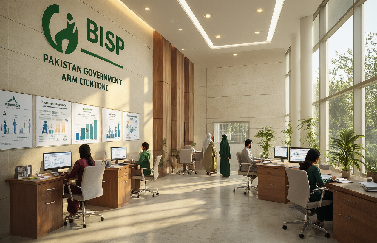 Create a realistic image of a Pakistani government office building with the BISP logo prominently displayed on the facade, showing South Asian male and female officials in professional attire working at desks with computers and documents, surrounded by charts and infographics about social welfare programs, with warm natural lighting streaming through windows, creating a professional and helpful atmosphere that represents government social assistance services, absolutely NO text should be in the scene.
