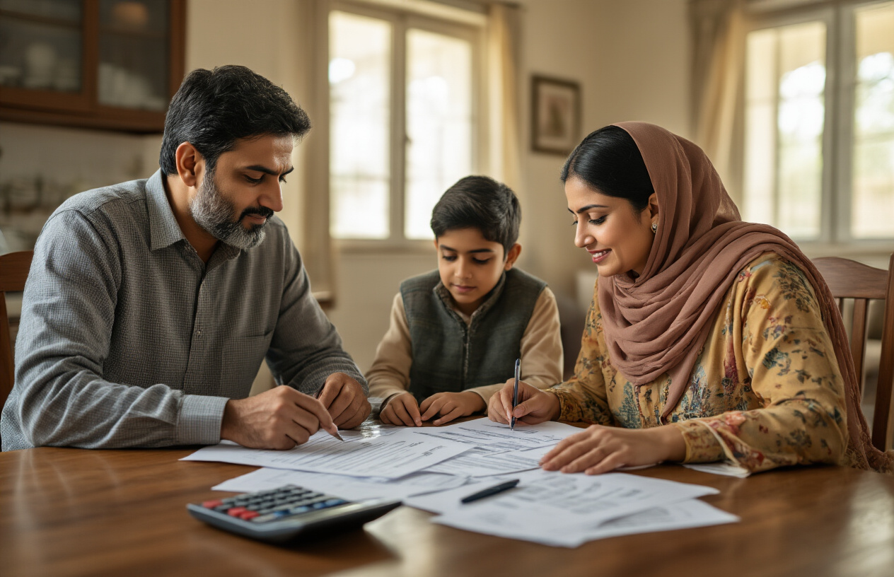 Create a realistic image of a Pakistani family consisting of a South Asian male father, South Asian female mother, and two children sitting around a wooden table with official documents and forms spread out, calculator and pen visible on the table, inside a modest middle-class home interior with simple furniture and warm lighting from a window, showing them reviewing eligibility criteria paperwork in a serious but hopeful mood, absolutely NO text should be in the scene.